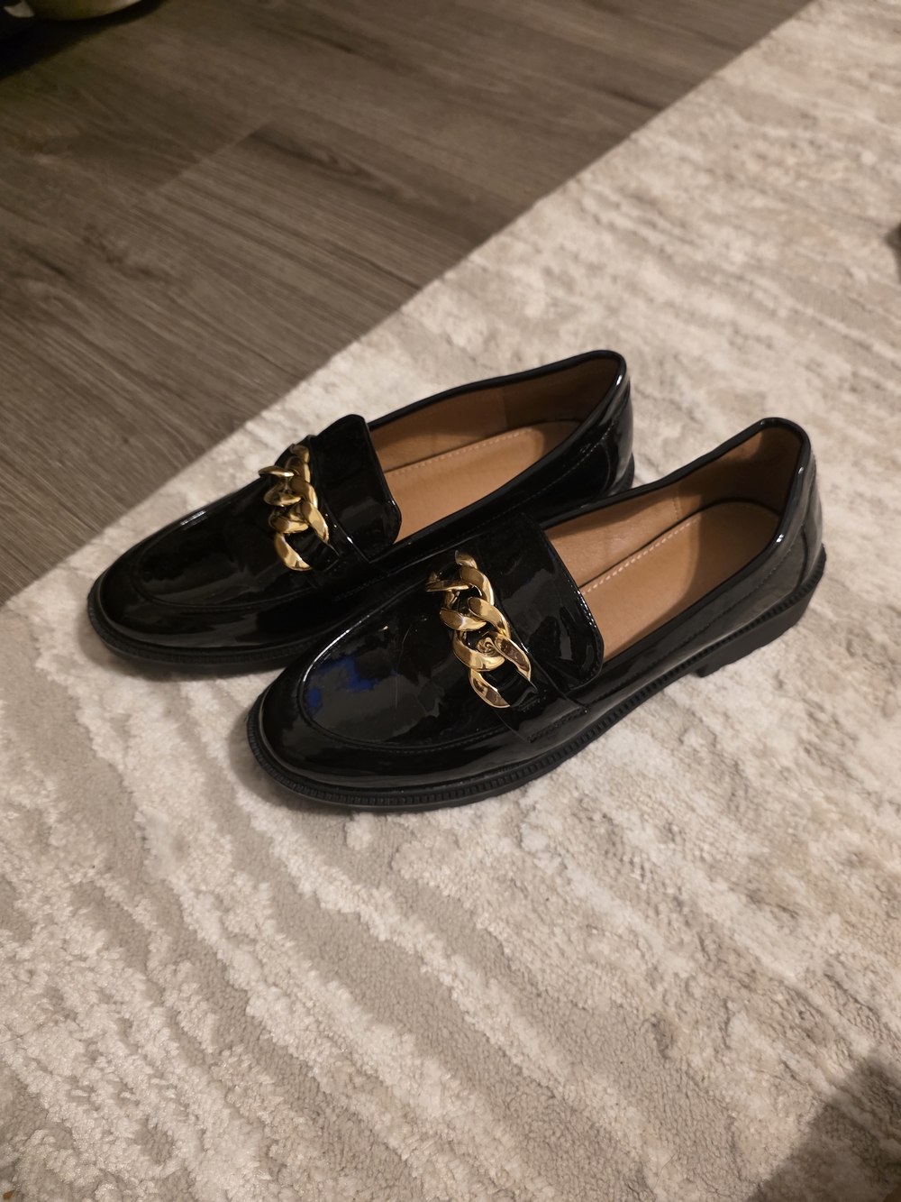 Patent Black Chain-Accent Women's Loafers